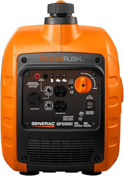 Generac 3,300-Watt Gas Powered Portable Inverter Generator - Lightweight and Compact - USB Ports for Device Charging - Produces Clean, Stable Power - Great for Home Backup, Camping, and RV Use