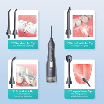 COSLUS Water Dental Flosser Teeth Pick: Portable Cordless Oral Irrigator 300ML Rechargeable Travel Irrigation Cleaner IPX7 Waterproof Electric Flossing Machine for Teeth Cleaning C20(F5020E) Grey