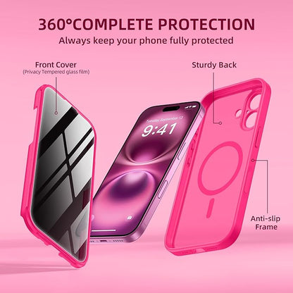 BERFY Magnetic for iPhone 16 Plus Case, Compatible with MagSafe, Built-in Privacy Screen Protector and Upgraded Camera Protection, Anti-Spy Full Body Shockproof Phone Case for 16 Plus 6.7", Hot Pink