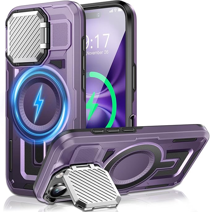 Camera Stand Case for iPhone 16, [Compatible with Mag Safe] [Lens Cover] 2024 Version Military Grade Protective Soft Case for iPhone 16 6.1 inch Men Women, Purple