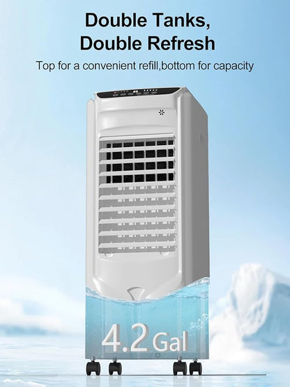 Landeagle 32" Swamp Cooler Air Conditioner,1800CFM Evaporative Coolers with 4.2 Gal Tank,110°Oscillation Portable Room with 12H Timer, Cooling Fans that Blow Cold Air for Bedroom Indoor, Bright White
