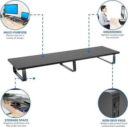 Mount-It! 39" Extra Long Dual Monitor Stand Riser – Ergonomic Desk Organizer for 2 Monitors, Laptop, TV, or Printer – Heavy-Duty Steel & Wood Desktop Shelf with Storage – Supports 44 Lbs – Black