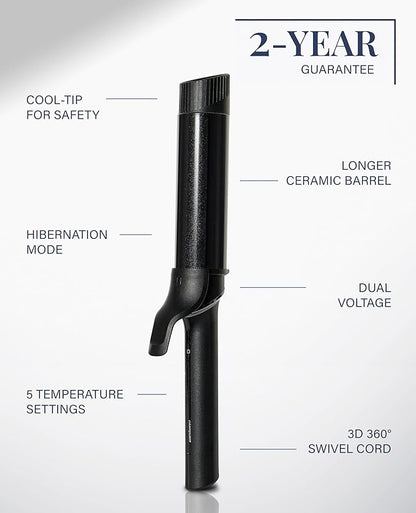 GLAMPALM Professional Curling Iron 1.6" - Long Barrel Ceramic Hair Curler for Women, Korea's No.1 Salon Hot Tool, 5 Temps & 30s Heat-up, 3D Swivel Cord & Dual Voltage, Black (GP628) (1.6")