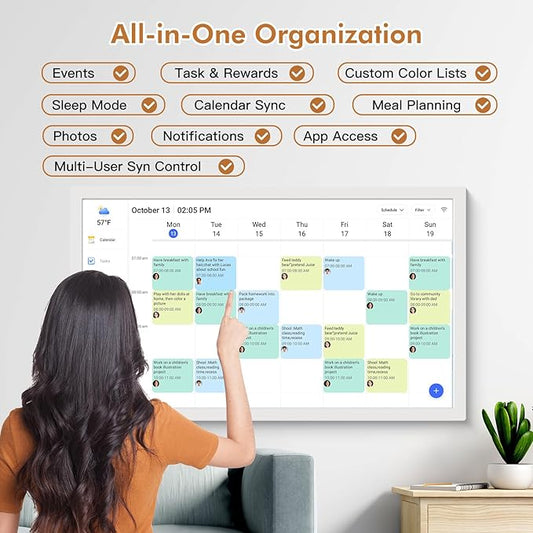 32" Digital Calendar Chore-Chart for-Wall-Planner - Interactive Touchscreen Display Electronic Calendar Picture Frame, Star Reward, Sync Google iCloud Outlook Calendar, Gifts for Mom, Wall Mount White