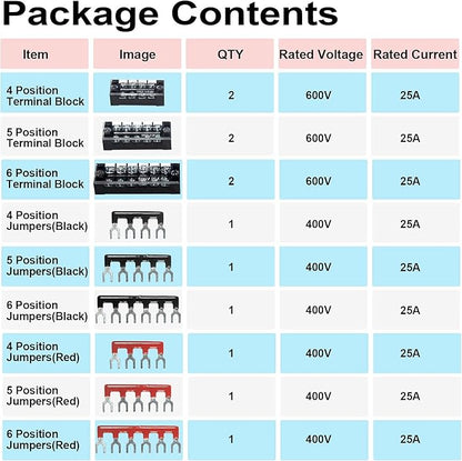MILAPEAK Terminal Block and Strip - 6 Sets 4/5/6 Positions 600V 25A Dual Row Wire Screw Terminal Strip Block with Cover + 400V 25A Pre-Insulated Terminals Barrier Strips Jumpers (Black & Red)