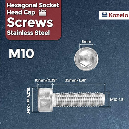 Kozelo 10pcs Socket Head Cap Screws - [M10-1.5 x 35mm] 304 Stainless Steel Allen Socket Drive for Electrical Motor 3D Printing Fan Engine Replacement Use, Silver