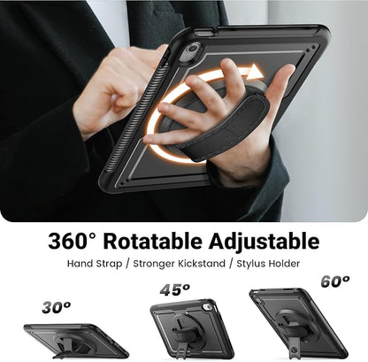 SCSVPN Case for iPad (A16) 11th Generation 11 Inch 2025 / 10th Generation 10.9 Inch 2022, Shockproof Protective Case with Screen Protector, Pencil Holder, Rotating Stand, Hand/Shoulder Strap - Black