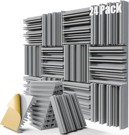 24 Pack Acoustic Panels, 12" x 12" x 2" Self-Adhesive Sound Proof Foam Panels for Walls, High-Density Soundproof Wall Panels for Studio, Home, and Ceilings (Gray)