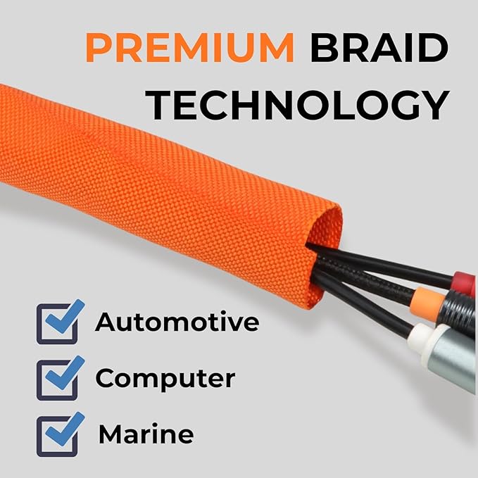 HOLED 1-3/16 inch Split Braided Cable Management Sleeve for USB Cable Power Cord Audio Video Cable, Wire Loom Cord Protector from Cat Dog Chewing (Orange, 10FT)