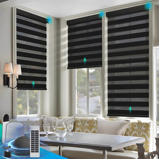 Motorized Zebra Blinds, Solar Powered Dual Layer Automatic Shades with Remote Control, Rechargeable Smart Blinds Horizontal Wireless Electric Shades for Windows, Custom Size, Black，33¾ x 72