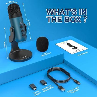 ZealSound USB Condenser Microphone,Computer PC Gaming Mic,Plug&Play Microphones for PS 4&5.Monitor Adjust&Volume Control,Mic Gain Control,Mute Button for TikTok,YouTube Podcast on Mac&Windows(Teal)