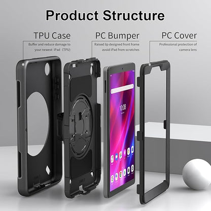 Junfire Shockproof Case for Lenovo Tab M8 4th Gen 2023, Heavy Duty Rugged Case with 360°Rotatable Kickstand/Hand Strap/Stylus Holder for TB-300FU/TB-300FX, Black