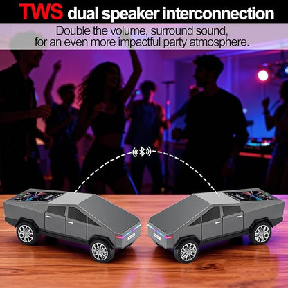 Futuristic Pickup Truck Bluetooth Speaker with LED Display Screen – Practical Gift Choice for Car Model Fans & Audio Users, TWS Stereo, FM Radio, USB/TF Playback, Front LED Headlights, Mic(Gray)