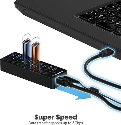SABRENT 10-Port 60W USB 3.0 Hub with Individual Power Switches and LEDs, Includes 60W 12V/5A Power Adapter (HB-BU10)