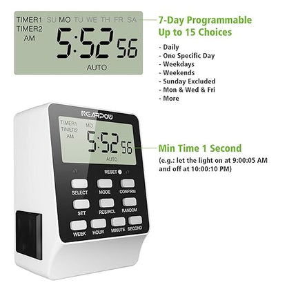 Outlet Timer, NEARPOW Dual Digital Light Timer with 2 Independently-controlled Outlets, 18 ON/OFF Programs, 24-Hour and 7-Day Programmable,Indoor Heavy Duty Electrical Timer Switch, 3 Prong, 15A/1800W