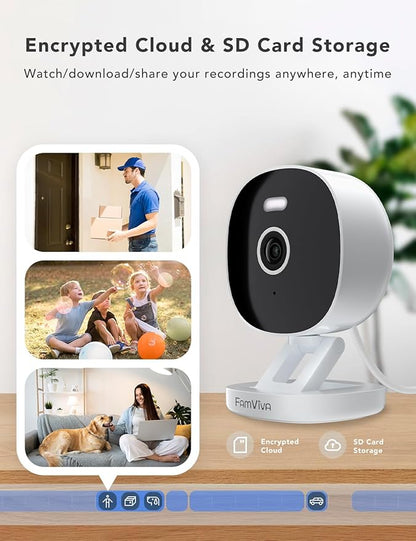 FAMVIVA 2K Security Camera, Outdoor/Indoor for Home, Pet, Baby, Nanny, IP65 Waterproof Color Night Vision, White Light & Siren, Recording, Motion Detection, Compatible with Alexa, White-4P