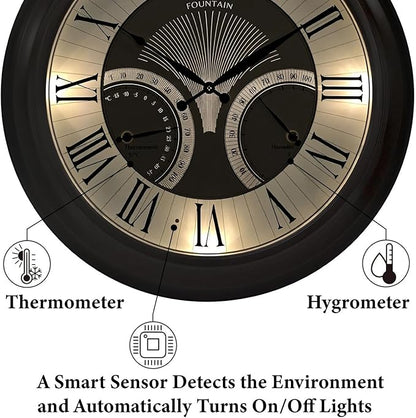 FOUNTAIN DESIGNS 24" Jameson in/Outdoor Lighted Clock, Self-Illuminated, Waterproof, 3 in 1 Weather Station (Thermometer & Hygrometer), Metal Clock, Oil Rubbed Bronze Finish(Night Light)