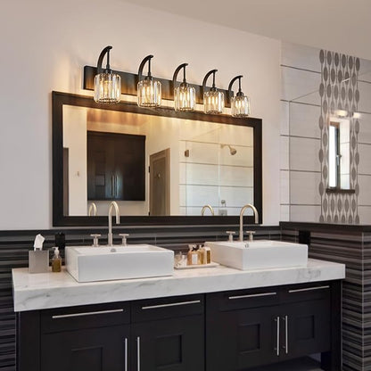 FDPBY 5-Light Crystal Vanity Light, Modern Black Bathroom Wall Sconce with K9 Crystal Shades, 42.51" Long Over Mirror Lighting for Vanity, Makeup, Hallway, Elegant & Easy Installation
