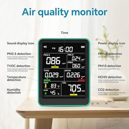 Air Quality Monitor Indoor,13-in-1 Smart Air Quality Tester with PM 2.5, CO2, TVOC, HCHO, PM1, AQI, PM10, Temperature & Humidity, Real Time Display, Battery Powered, for Home & Office (Green)