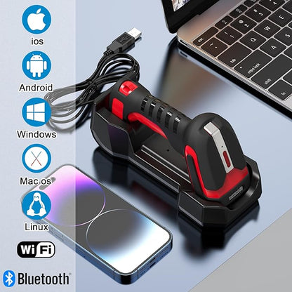 Symcode 2D QR Industrial Barcode Scanner with Wireless Charging Stand, Rugged Heavy Duty 2000 Feet Transmission Distance 433Mhz 2-in-1 Bluetooth & Wireless Hands-Free Barcode Reader for Laptop Tablet