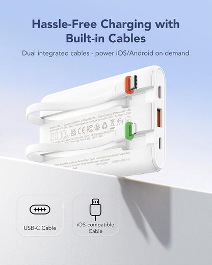 VEGER Portable Charger with Built in Cable, 10000mAh 22.5W Fast Charging USB C Battery Pack, 4 Outputs 3 Inputs Power Bank for iPhone 16/15/14/13 Series, iPad, Samsung, Android, Tablet, White(1 Pack)