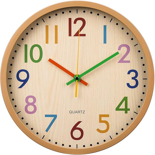 bakbrand Kids Wall Clock Silent Non-Ticking Colorful Childrens Clock Round Decorative Wall Clocks for Classroom, School, Office, Bedroom, Living Room, Kitchen (Bamboo Grain, 12 inch)