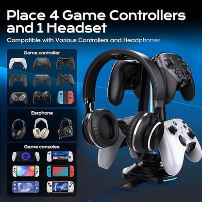 Oritikur RGB Headset Stand with 9 Light Modes and 2 USB Charging Ports - Controller Holder for Desk - Headphone Stand & Detachable Controller Hook for PC Earphone Gaming Room Setup Accessories