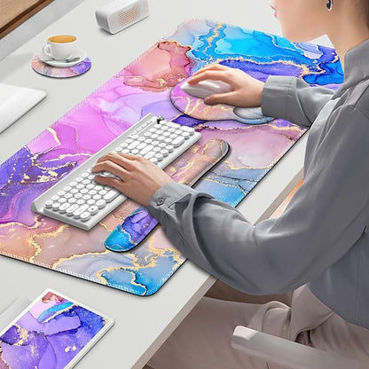 Gaming Mouse Pad, Large Desk Mat, Cute Desk Pad Protector, 4in1 XXL Mousepad + Keyboard Wrist Rest+Mouse Wrist Rest+Coaster Set with Ergonomic Desk Pad for Home Office PC Computer, Colorful Marble