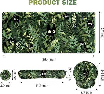 Large Desk Mat, Cute Anime Cats Gaming Mouse Pad, Desk Pad Protector, XXL Mousepad + Keyboard Wrist Rest+Mouse Wrist Rest+Coaster Set with Ergonomic Desk Pad for Home Office PC Computer, Green Leaves