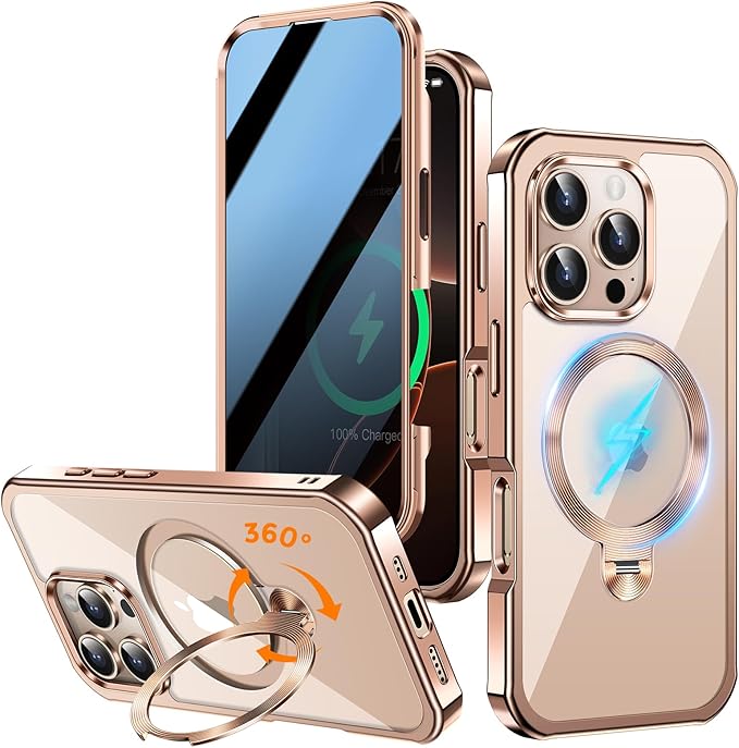 [360° Rotatable CD Stand & Built-in Privacy Screen Magnetic Case for iPhone 16 Pro Max [Compatible with MagSafe & Full Signal] Shockproof Full Body Anti-Spy Cover for 16 Pro Max-Desert Gold