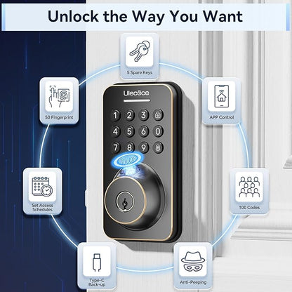 Ulecoce Fingerprint Keypad Deadbolt with Handle Set, Keyless Entry Door Lock, Door Locks for Front Door Lock Set, App Control, Auto Locking, Easy to Install, Oil Rubbed Bronze