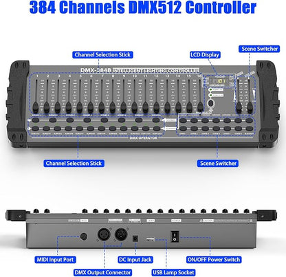 Wiwreenm DJ Controller 384CH Fog DMX-512 DJ Controller Support 30 Banks 8 Scenes 24 fixtures Stage Lighting Console for Program Editing of DJ Lights Show Bar Club Live