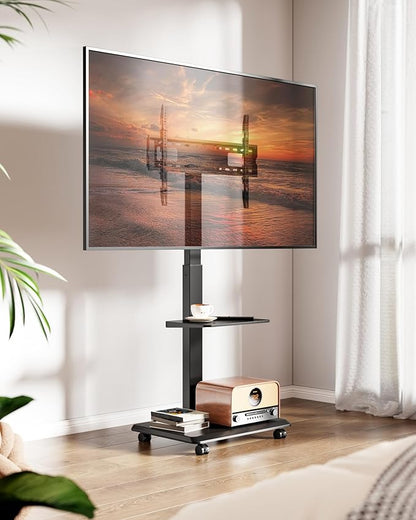 ECOTINY Steel Base Rolling TV Stand with Power Outlet for 32-75 inch TVs up to 110 lbs, Leveling & Tilt & Swivel Mobile TV Stand with Hidden Wire Management, Height Adjustable Portable Tv Stand, Black