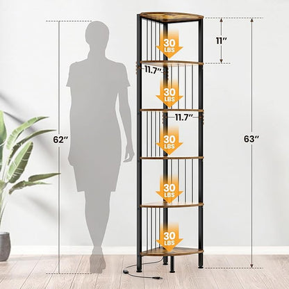 MonaSixy 6 Tier Corner Shelf with Light, Music Synic 60000 DIY LED Color Smart Remote Tall Display Shelves Corner Shelf Stand Bookshelf Wood Rack Metal Frame for Living Game Room Bedroom, Rustic Brown