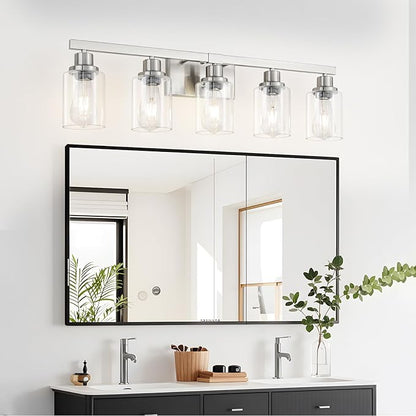 DIKAIDA Bathroom Vanity Light, 5-Light Nickel Modern Matte Wall Sconce Lighting with Clear Glass Shade, Wall Lights,Bath Vintage Wall Mounted Lamps for Mirror Bedroom Living Room