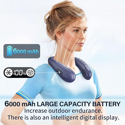 PluvoFan Neck Fan Back-Windy 6000mAh with Cooling Plate Bladeless Portable Thermo-Electric Cooler Rechargeable Camping Essentials for Women Men Outdoor Activities Gardening Walking the Dogs(Navy Blue)