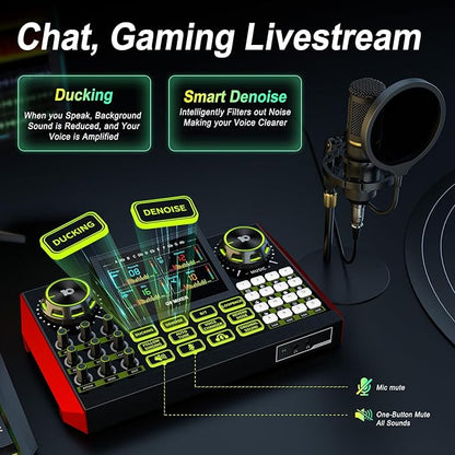 Podcast Microphone Bundle with Live Sound Card Audio Mixer, Podcast Equipment Bundle Sound Board with 3.5mm Condenser Microphone for Pc/Phone Live Streaming Singing Gaming,Voice Changer, Denoise
