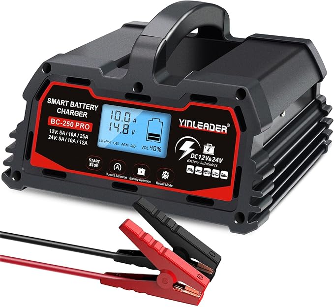 Battery Charger 25A, 12V/24V Lead Acid Smart Battery Charger, 12V LiFePO4 Car Battery Trickle Charger, Automatic Battery Maintainer for Car Motorcycle Lawn Mower Marine Boat Lead Acid Batteries
