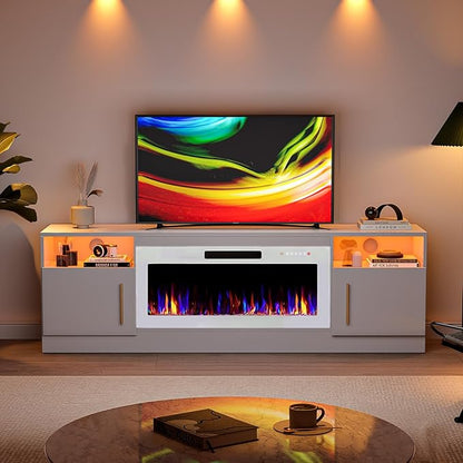 VITESSE TV Stand Fireplace with 36" inch Electric Fireplace Up to 80" TVs, LED Light Entertainment Center, 70" Modern Wood High Gloss with Highlight Storage Cabinet for Living Room (White)