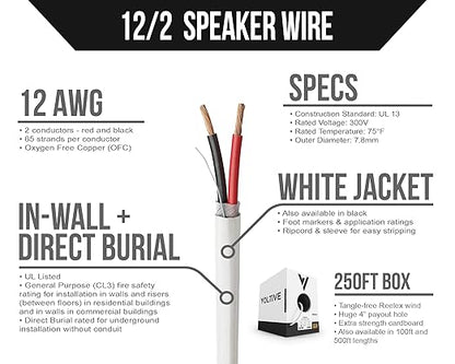 Voltive 12/2 Speaker Wire, in-Wall CL3 & Direct Burial, White, 250ft - 12AWG, 2 Conductors, Stranded Oxygen-Free Copper, UL Listed - V-1206-4