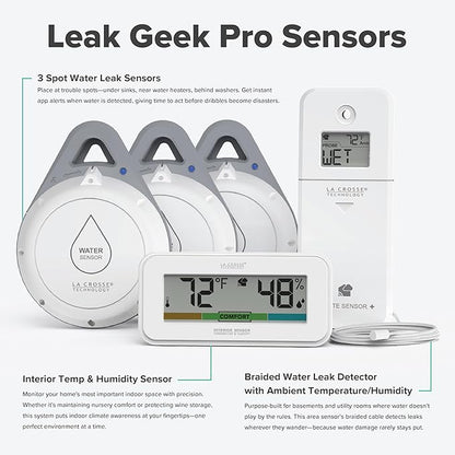 Leak Geek Pro Wi-Fi Alert System: Bridge Gateway, 3 Water Spot Detection Sensors, a Water Leak Area Detection Sensor with 76-inch Cable, and an Interior Temperature and Humidity Sensor Display
