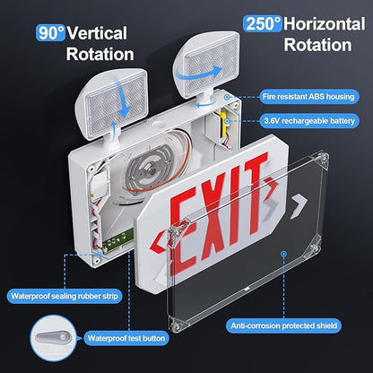 Wet Location Emergency Exit Signs with Adjustable Lights Battery Backup, UL Listed Double Face Exterior Led Exit Sign Combo, Hardwired Waterproof Red Exit Light, AC 120/277V, Wall/Side Mount (1 Pack)