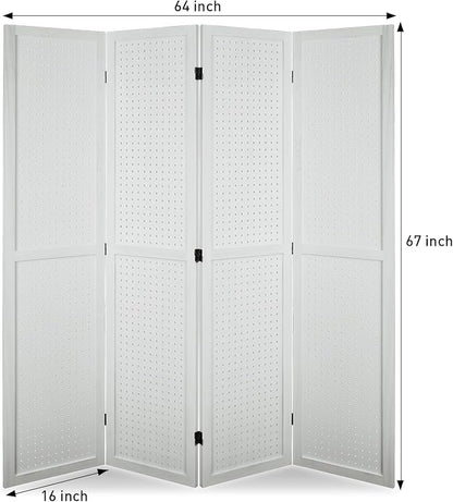 ECOMEX 4 Panel Room Divider, 5.6Ft Pegboard Display Wooden Room Divider Folding Privacy Screen Room Divider Freestanding Peg Board Display for Trade Show Craft Show Home Wall Organizer, Elegant White