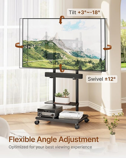 ECOTINY Steel Base Rolling TV Stand with Soundbar Mount for 37-75 inch TVs up to 154lbs, Swivel&Tilt Mobile TV Stand with Large Storage, Height Adjustable Heavy-Duty TV Cart, Max VESA 600x400mm, Black