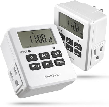 Fospower 7 Day Digital Timers for Electrical Outlets Indoor, Heavy Duty Dual Programmable Outlet Light Timer Switch, Electric Power Wall Timer for Grow Light, Lamp, 3 Prong, Grounded- 2 Pack