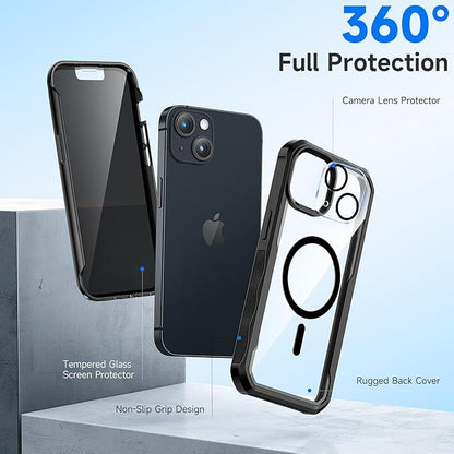 seacosmo for iPhone 14 Plus Case, Full Body Bumper with Built-in 9H Tempered Glass Privacy Screen Protector and Camera Lens Protector, Compatible with MagSafe, Shockproof Phone Cover, 6.7", Black