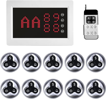 Wireless Calling System Call Waiter Restaurant Pager System with 1 Number Display and 10 3-Key Waterproof Call Buttons for Restaurant Bar Cafe Customer Service
