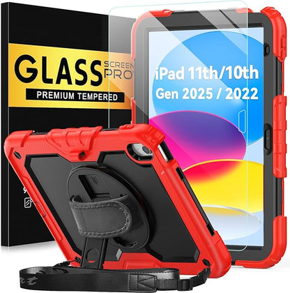 BLOSOMEET Case for iPad A16 11th/10th Generation 11''/10.9'' 2025/2022 with Tempered Glass Screen Protector & Pencil Holder, Rugged Military Grade Cover w/Stand Hand Shoulder Strap, Red
