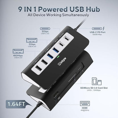 P9 USB C Hub, INTPW 9-in-1 USB Multiport Adapter with 4K HDMI, PD 100W, USB-C and 2 USB A 3.0 5Gbps, 2 USB A 2.0, SD/TF Card Reader, Aluminum Powered USB Hub for PC, iPhone 16/15 Series, MacBook, iPad