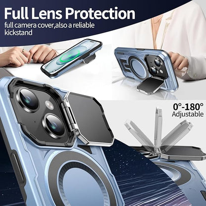 Camera Stand Case for iPhone 15 Plus, [Compatible with Mag Safe] [Lens Cover] 2024 Version Military Grade Protective Soft Case for iPhone 15 Plus 6.7 inch Men Women, Blue